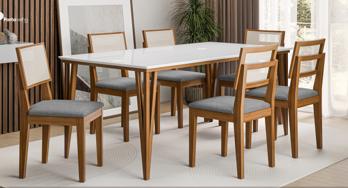 Mesa de Jantar Serena C/ Tampo de Vidro 6C